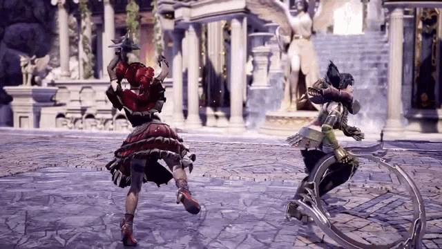 a woman in a red dress is standing next to another woman in a black dress in a video game .