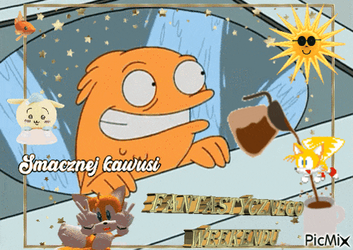 a picture of a cartoon character with the words smacznej kawusi at the top