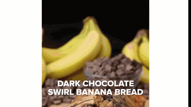 a dark chocolate swirl banana bread is on a table with bananas and chocolate chips