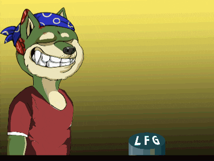 a cartoon of a dog with a bandana on his head and a button that says lfg on it
