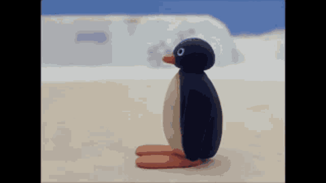 a cartoon penguin is standing on its knees on a beach