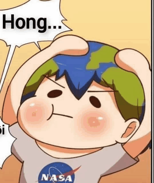 a cartoon of a boy wearing a nasa shirt is holding the earth in his hands .