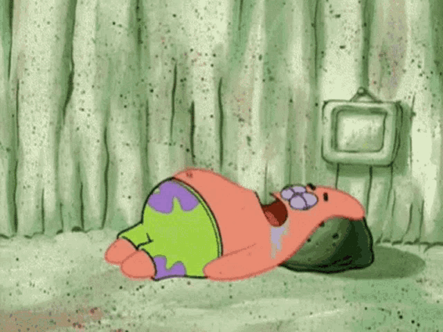 patrick star from spongebob squarepants is laying on the ground with the words xewa min te above him