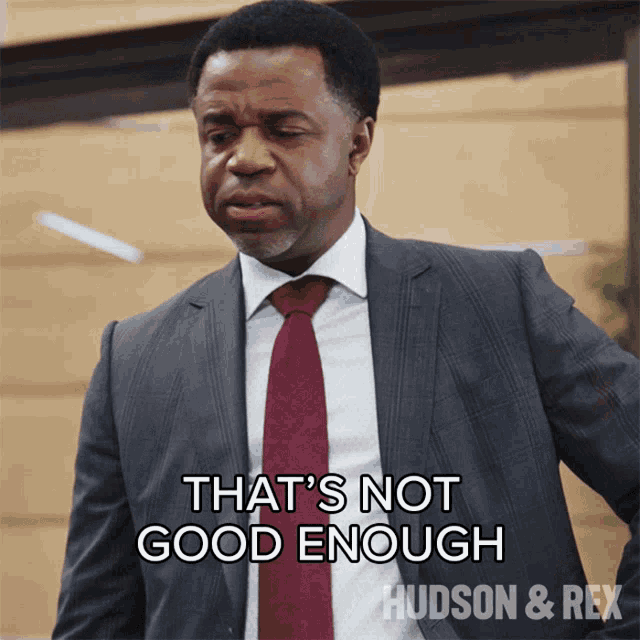 a man in a suit and tie says that 's not good enough hudson & rex
