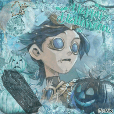 a picture of a boy with a coffin and pumpkins with the words happy halloween