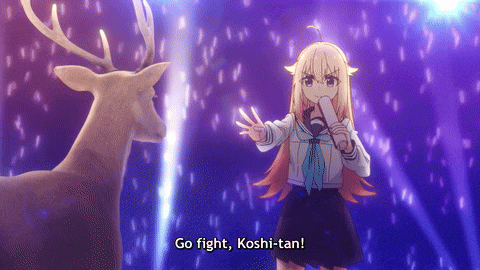 a girl stands in front of a deer with the words go fight koshi-tan below her