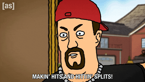 a cartoon of a man with a beard says makin hits and hittin splits