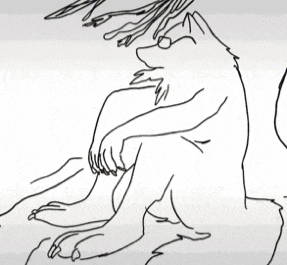 a black and white drawing of a wolf with glasses on