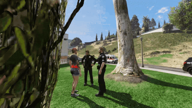 two police officers are talking to a woman in a video game scene