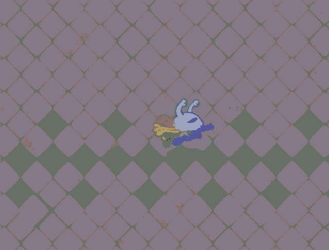 a drawing of a rabbit with a rainbow tail on a checkered background