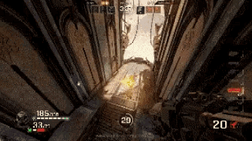 a video game is being played in a hallway with a lot of stairs .