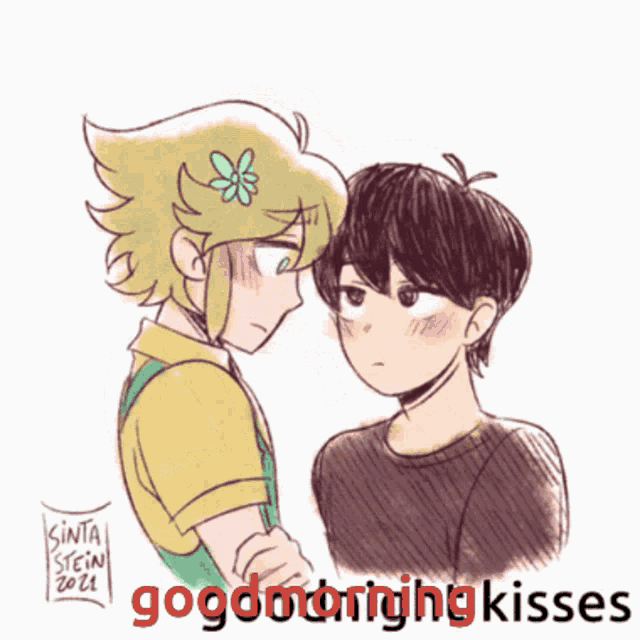 a drawing of a boy with a flower on his head and the words good morning kisses below it