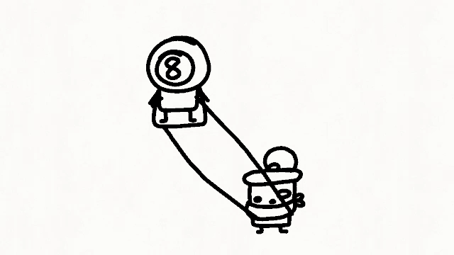 a black and white drawing of a man holding a pool ball and a bucket .