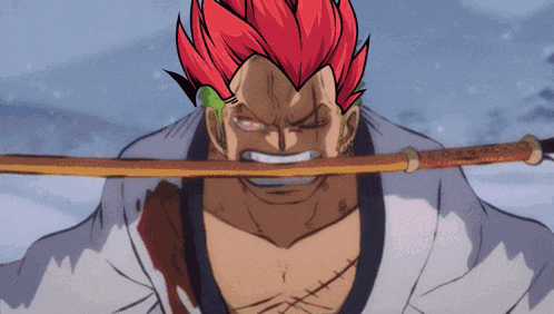 a man with red hair holding a sword in his mouth