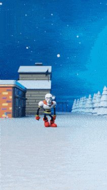 a cartoon character standing in the snow in front of a building