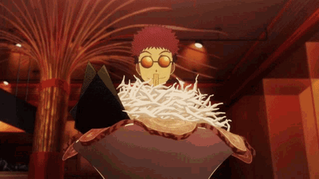 a cartoon character wearing sunglasses is eating noodles in a bowl