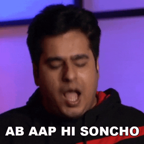 a man with his eyes closed is making a funny face with the words ab aap hi soncho below him