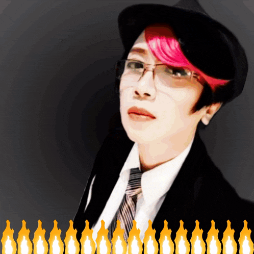 a woman with pink hair and glasses stands in front of a row of flames
