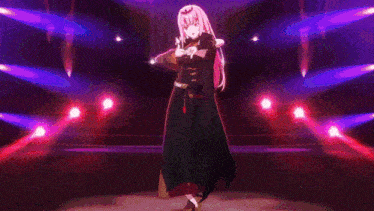 a pink haired anime girl is making a peace sign in front of a crowd .