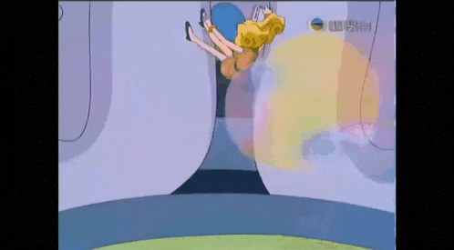 a woman in a yellow dress is falling down a staircase in a cartoon .