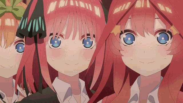 three anime girls with red hair and blue eyes