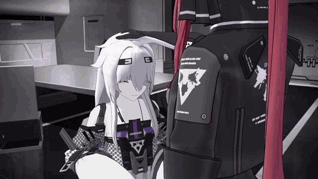a girl with white hair and a black jacket with a patch on the back that says g on it