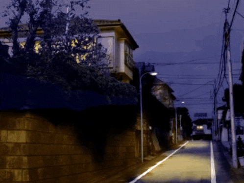 a street with a few houses on it and a street light