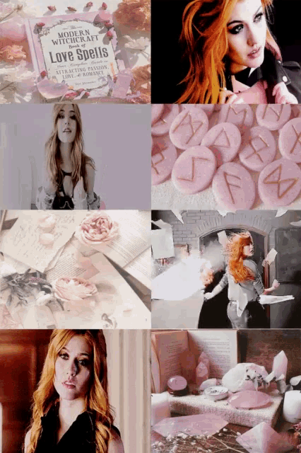 a collage of images shows a woman and a book called love spells