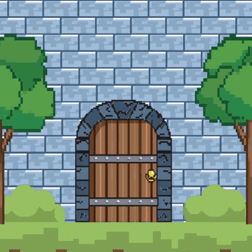 a pixel art illustration of a brick wall with a wooden door