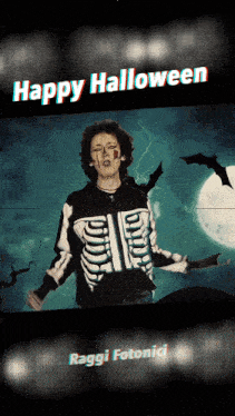 a man in a skeleton costume with the words happy halloween behind him