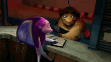 a couple of cartoon characters are sitting at a counter