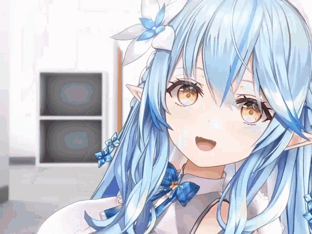 a close up of a blue haired anime girl with yellow eyes