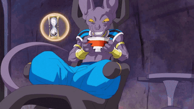 a cartoon character is sitting in a chair holding a cup of something