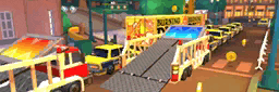a cartoon scene with a yellow truck that says burning down on it