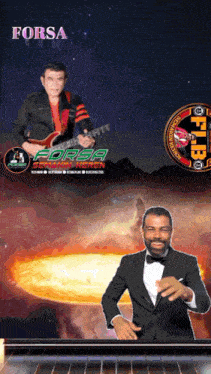 a man playing a guitar next to a man in a tuxedo with the word forsa on the top