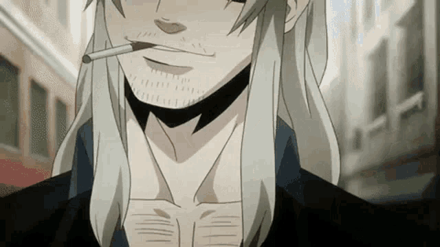a man with long hair is smoking a cigarette in a cartoon .