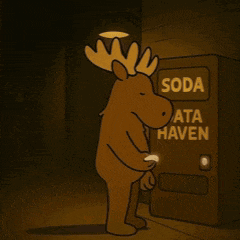 a cartoon moose is holding a sign that says soda data haven