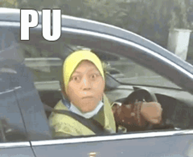 a woman driving a car with the word pu above her head