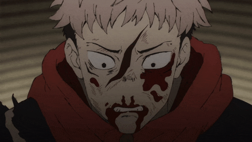 a close up of a cartoon character with blood coming out of his mouth