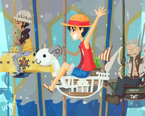 a cartoon drawing of a merry go round with the word marine on the bottom right