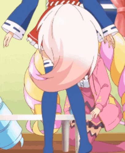 a cartoon drawing of a girl with white hair and blue pants