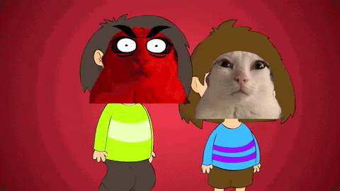 a cartoon of a boy and a cat with their faces cut off