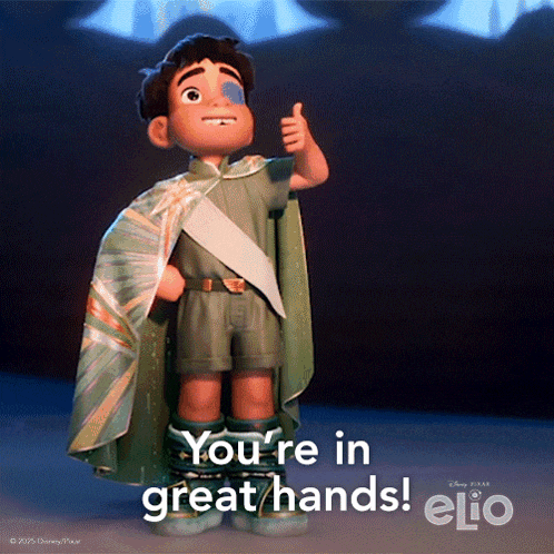 a cartoon character giving a thumbs up with the words " you 're in great hands " behind him