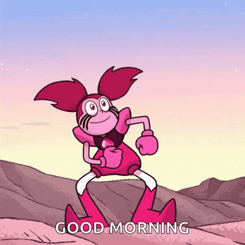 a pink cartoon character with the words good morning written below it