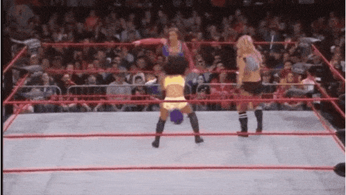 two women are wrestling in a wrestling ring .