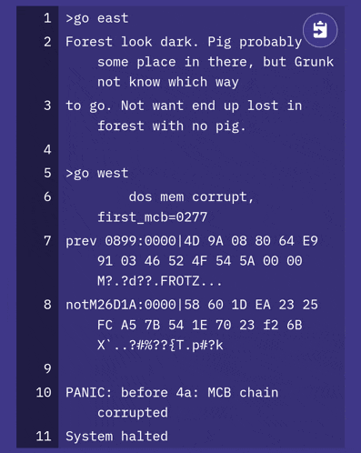a purple screen with a few lines of text starting with the words " go east "