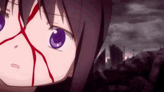 a close up of a girl 's face with blood coming out of her mouth