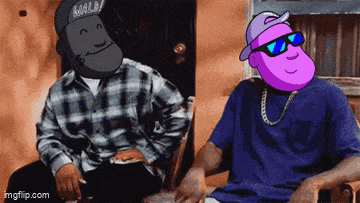 a cartoon of two men sitting next to each other with one wearing a hat and sunglasses .