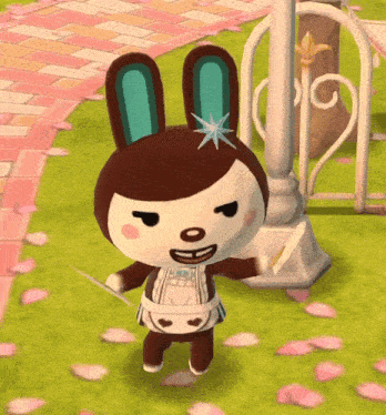 a brown and white bunny with a star on its head is holding a sword
