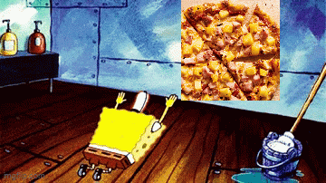 a cartoon of spongebob laying on the floor next to a pizza and a mop